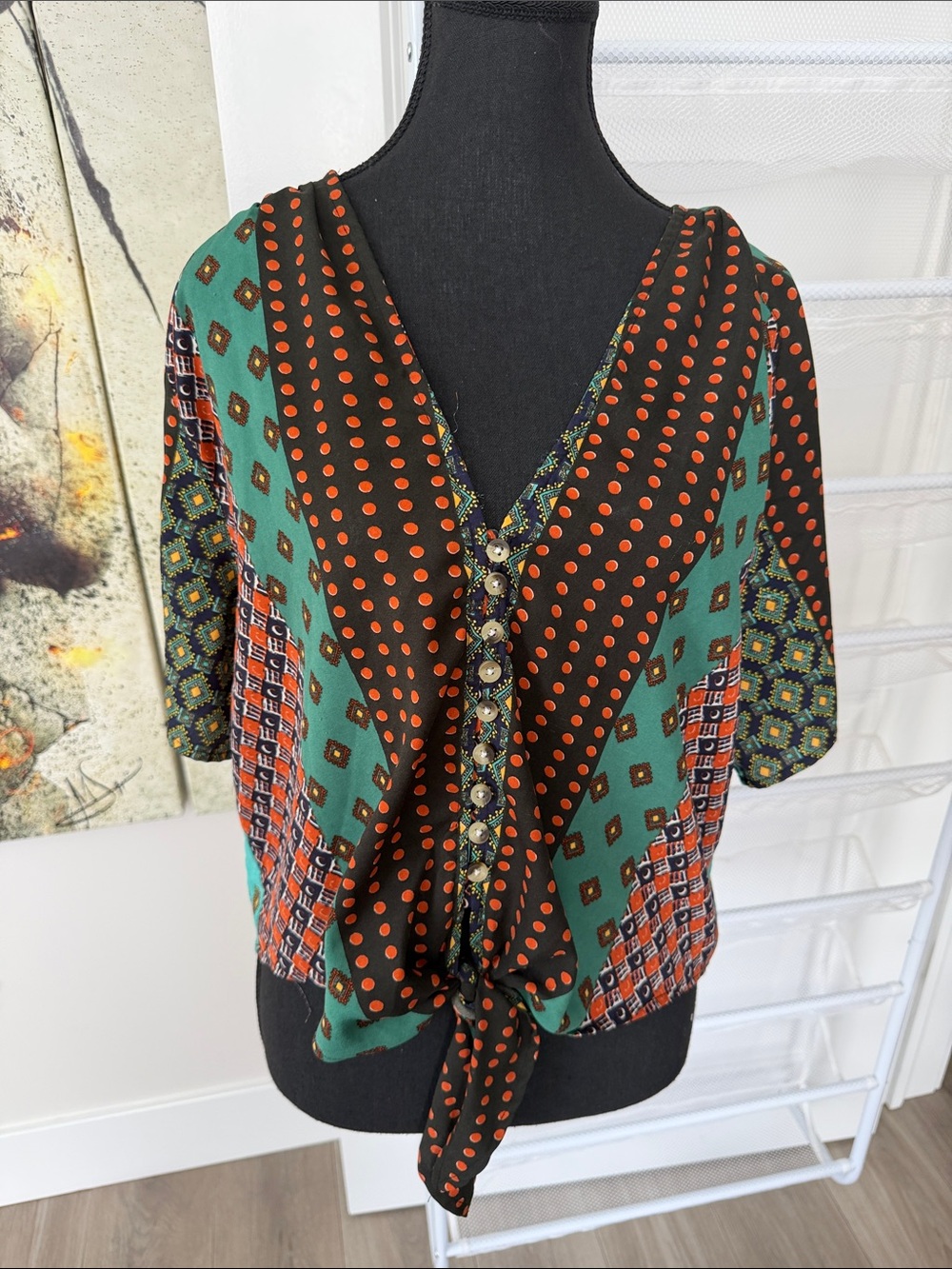 Green & Black Patterned Tie-Front Blouse